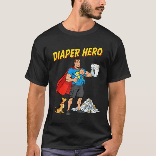 Diaper Hero Funny Cartoon Dad Design For New Fathe Tシャツ (正面)