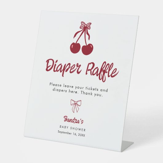 Diaper Raffle Baby Shower Cherry on Top Red Bows 台座サイン (正面)