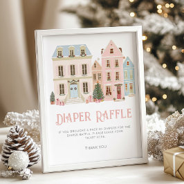 Diaper raffle Christmas village Pink Baby Shower ポスター