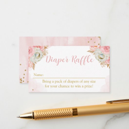 Diaper Raffle Floral pink and gold baby shower エンクロージャーカード (正面/裏面インサイチュ)