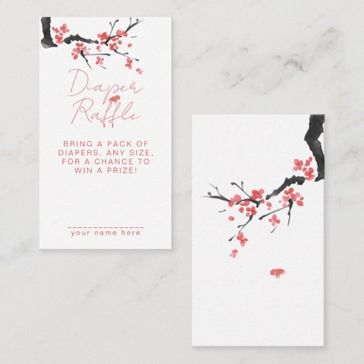 Diaper Raffle Pink Cherry Blossom Baby Shower エンクロージャーカード (正面/裏面)