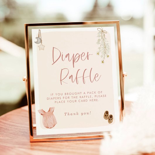 Diaper Raffle Sign, Boho Pink Girl Baby Shower ポスター