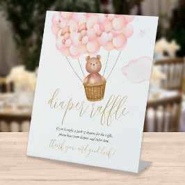 Diaper Raffle Teddy Bear Pink Balloons Baby Shower 台座サイン