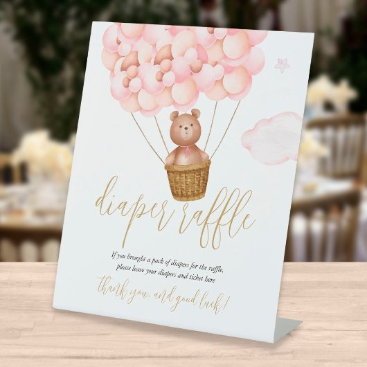 Diaper Raffle Teddy Bear Pink Balloons Baby Shower 台座サイン