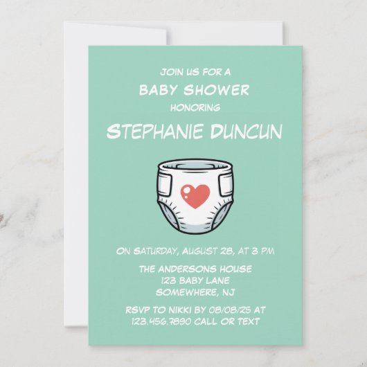Diaper With A Red Heart Baby Shower 招待状 (正面)