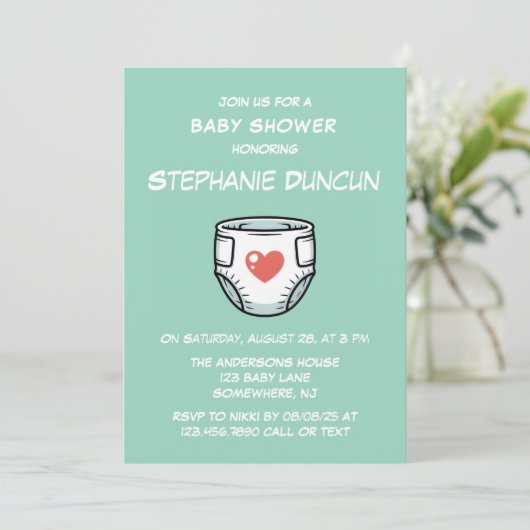 Diaper With A Red Heart Baby Shower 招待状 (スタンド正面)