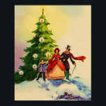 Dickens style Christmas illustration ポスター<br><div class="desc">Old English Dickens style Christmas illustration with a family standing in the snow in front of a Christmas tree with bright burning candles.</div>