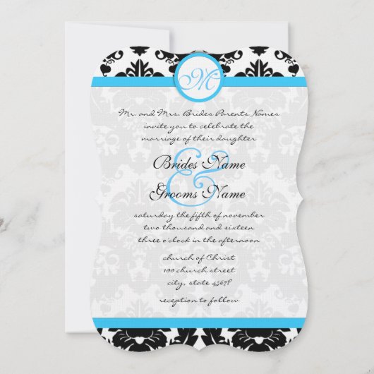 Die Cut Aqua Damask Heart Swirl Wedding Invite 招待状 (裏面)