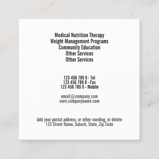 Diettitian野菜の写真コラージュの上の黒いSQUARE スクエア名刺 (裏面)