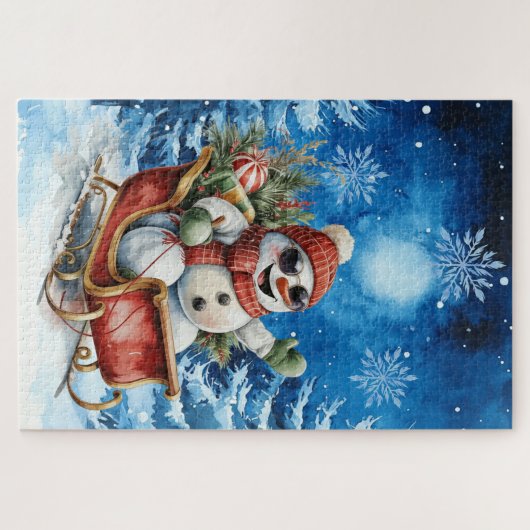 Difficult Blue Winter Christmas Snowman ジグソーパズル (横)