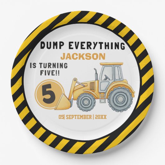 "Dig In! Construction Truck Party for 5th Birthday ペーパープレート (正面)