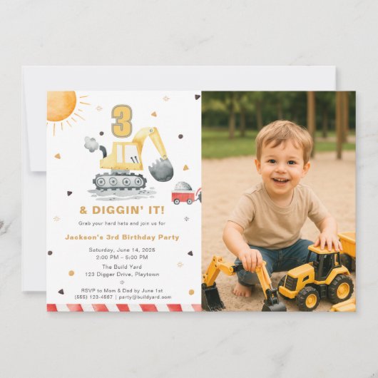 Digger Truck Construction 3rd Birthday Party Photo 招待状 (正面)