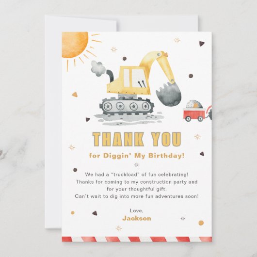 Diggin’ It Construction Birthday Thank You Card (正面)