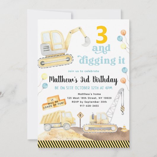 Digging It Construction Trucks Birthday 招待状 (正面)