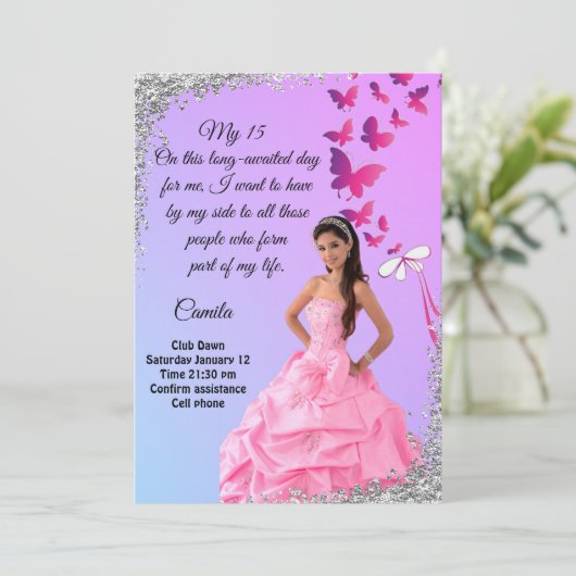 digital 15th birthday card, flower and butterfly  招待状 (スタンド正面)