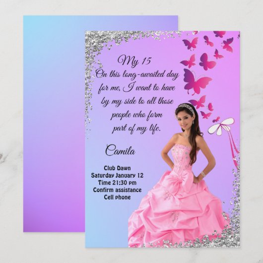 digital 15th birthday card, flower and butterfly  招待状 (正面/裏面)