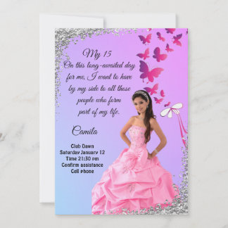 digital 15th birthday card, flower and butterfly 招待状