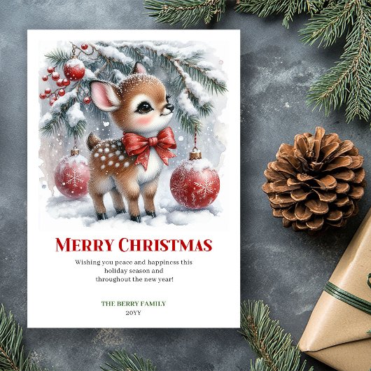 Digital Baby Deer Snowy Forest Watercolor Greeting シーズンカード