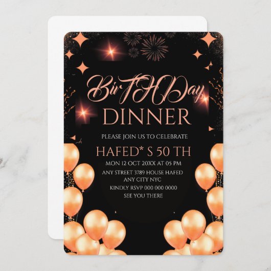 Digital Birthday Dinner Invitation Template, Black (正面/裏面)