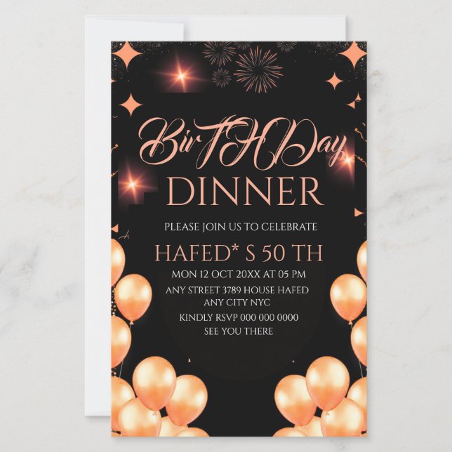 Digital Birthday Dinner Invitation Template, Black (正面)