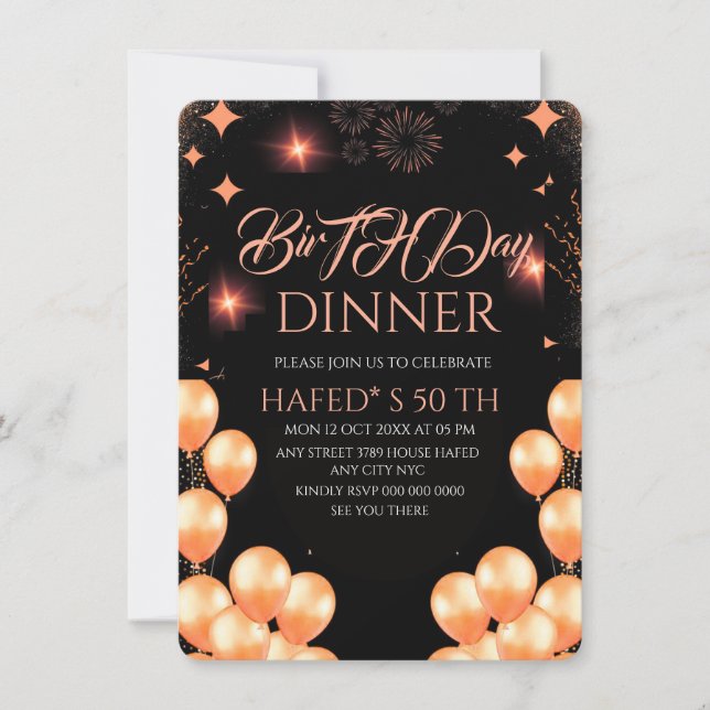 Digital Birthday Dinner Invitation Template, Black (正面)