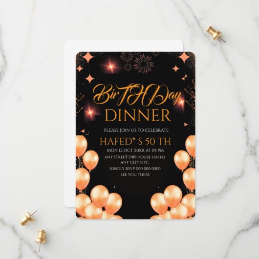 Digital Birthday Dinner Invitation Template, Black セーブザデート (正面/裏面インサイチュ)
