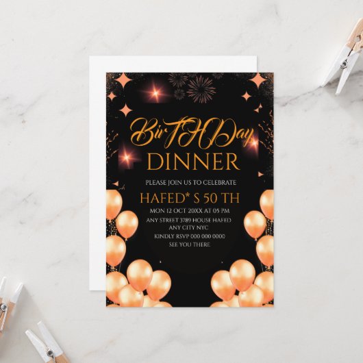 Digital Birthday Dinner Invitation Template, Black 招待状 (正面/裏面インサイチュ)