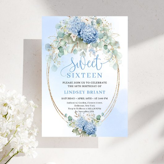 Digital Blue Hydrangea Gold Sweet Sixteen Invite 招待状