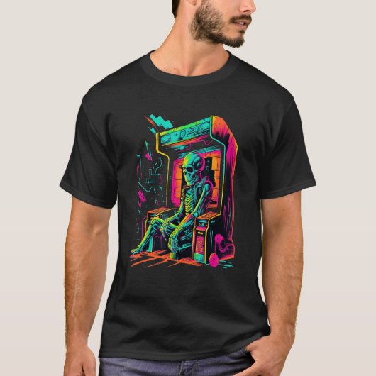 Digital Bones  Skeleton in Arcade Machine EDM Desi Tシャツ (正面)