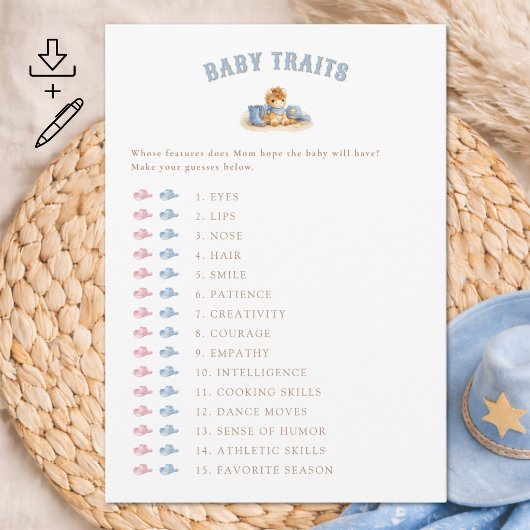Digital Cowboy Baby Shower Game Baby Traits Card 招待状