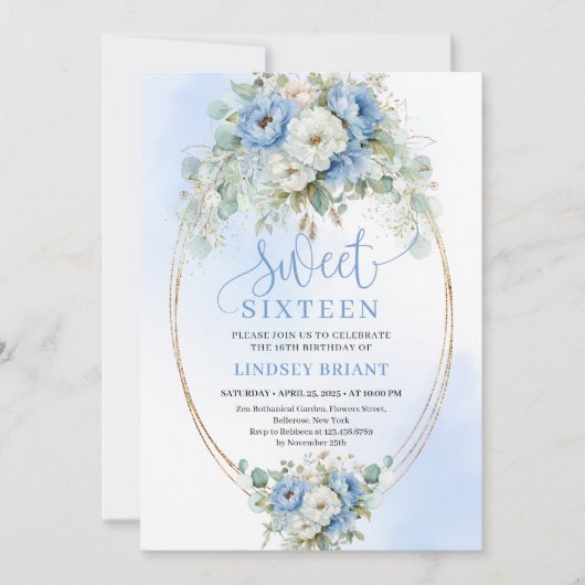 Digital Dusty Blue Floral Script Sweet 16 Invite 招待状 (正面)