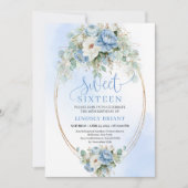 Digital Dusty Blue Peony Gold Sweet Sixteen Invite 招待状 (正面)
