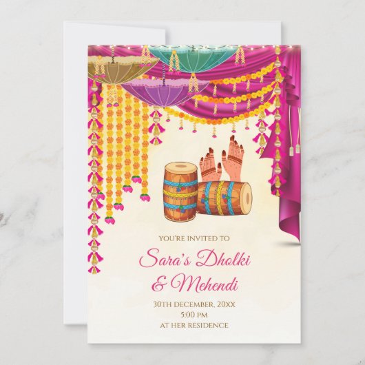 Digital Mehndi invite & Mendhi Night invite, Dholk 招待状 (正面)