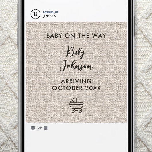 Digital Minimalist Linen Luxury Baby News 案内状