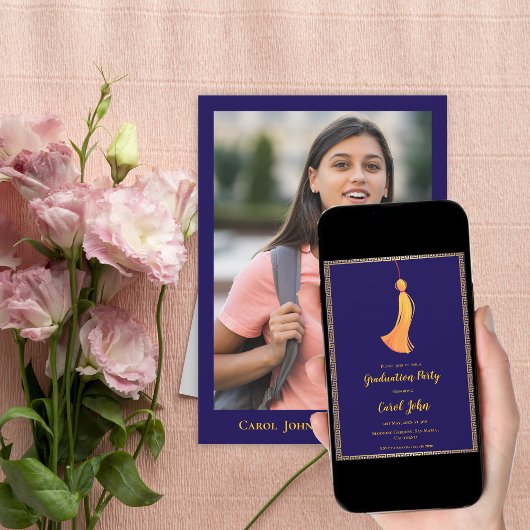 Digital Navy Blue Gold Tassel Graduation Party 招待状