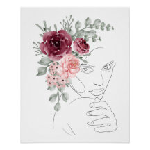 digital product woman line art red flowers