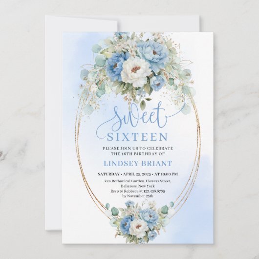 Digital Script Dusty Blue Peonies Sweet Sixteen  招待状 (正面)