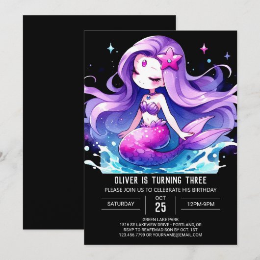 Digital Under the Sea Mermaid Birthday 招待状 (正面/裏面)