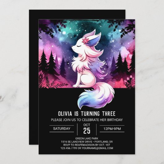 Digital Whimsical Wolf Birthday 招待状 (正面/裏面)