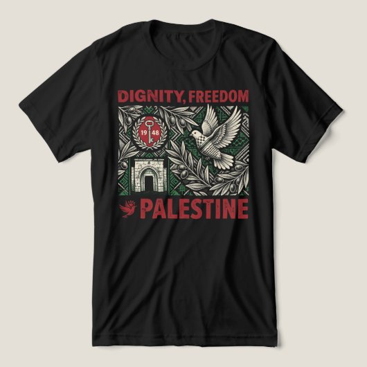 Dignity, Freedom, Palestine トライブレンドTシャツ (デザイン正面)