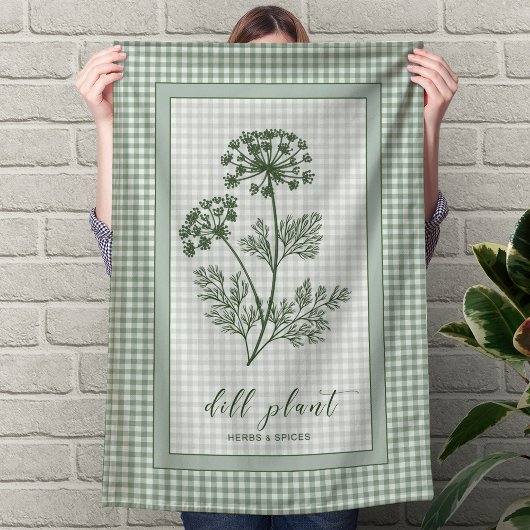 Dill Herb Kitchen Towel – Green Gingham Border キッチンタオル