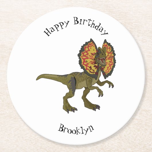 dilophosaurus漫画イラストレーション ラウンドペーパーコースター (正面)