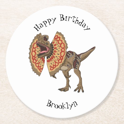 dilophosaurus漫画イラストレーション ラウンドペーパーコースター (正面)