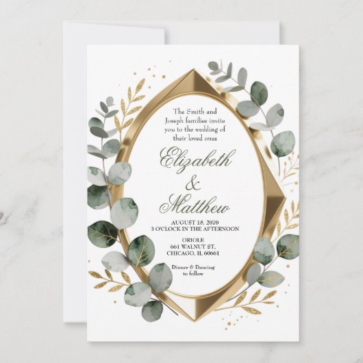 Dimensional Gold Eucalyptus Geometric Oval  招待状 (正面)