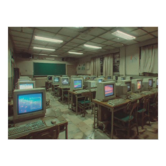Dimly Lit Retro Computer Lab with CRT Screens ポスター (正面)