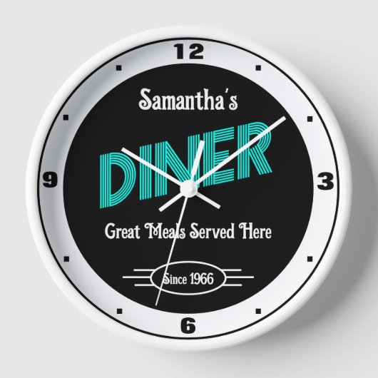 Diner任意の名前スタイル日付レトロターコイズ白 壁時計 (正面)