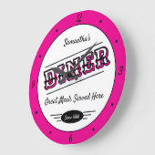 Diner Any Name Date Retro Hot Pink Black White ラージ壁時計 (傾斜)