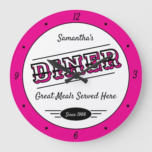 Diner Any Name Date Retro Hot Pink Black White ラージ壁時計 (正面)