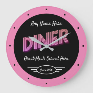 Diner Any Name Since DateレトロPink Black ラージ壁時計