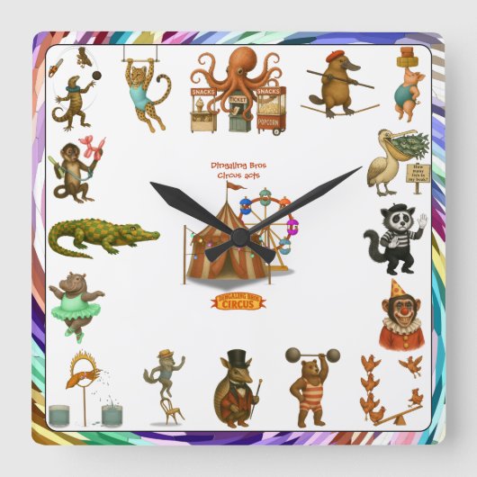 Dingaling Bros Circus acts スクエア壁時計 (正面)
